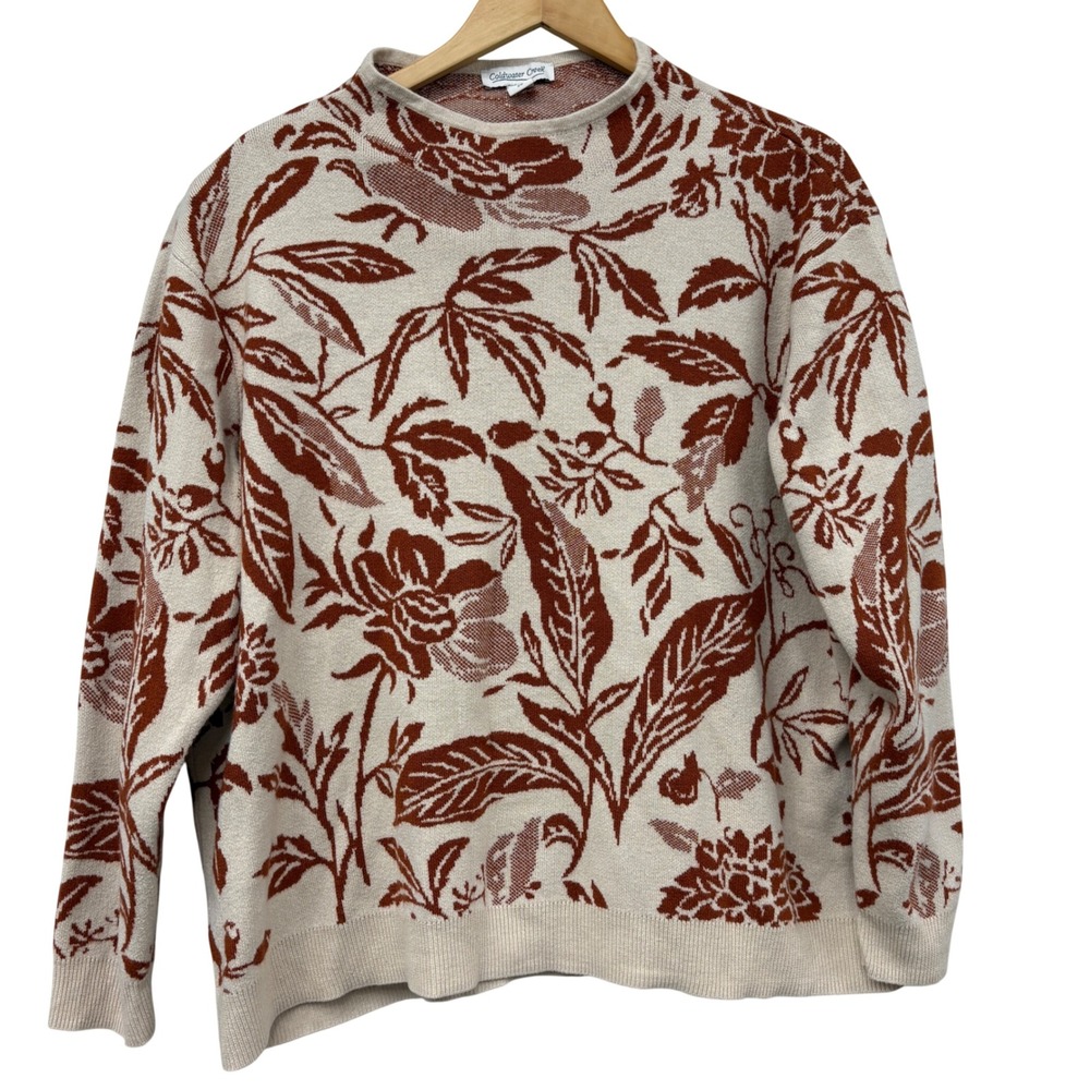Coldwater Creek Rust Orange Cream Floral Leaf mock neck fall Sweater 2X Women